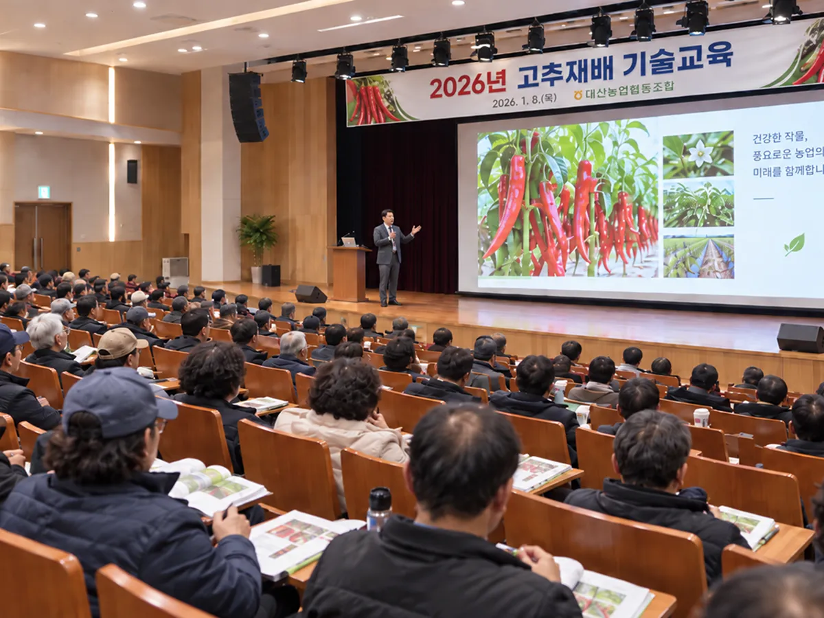 2024년 고추재배 기술교육이 진행 중인 영농교육 강의실